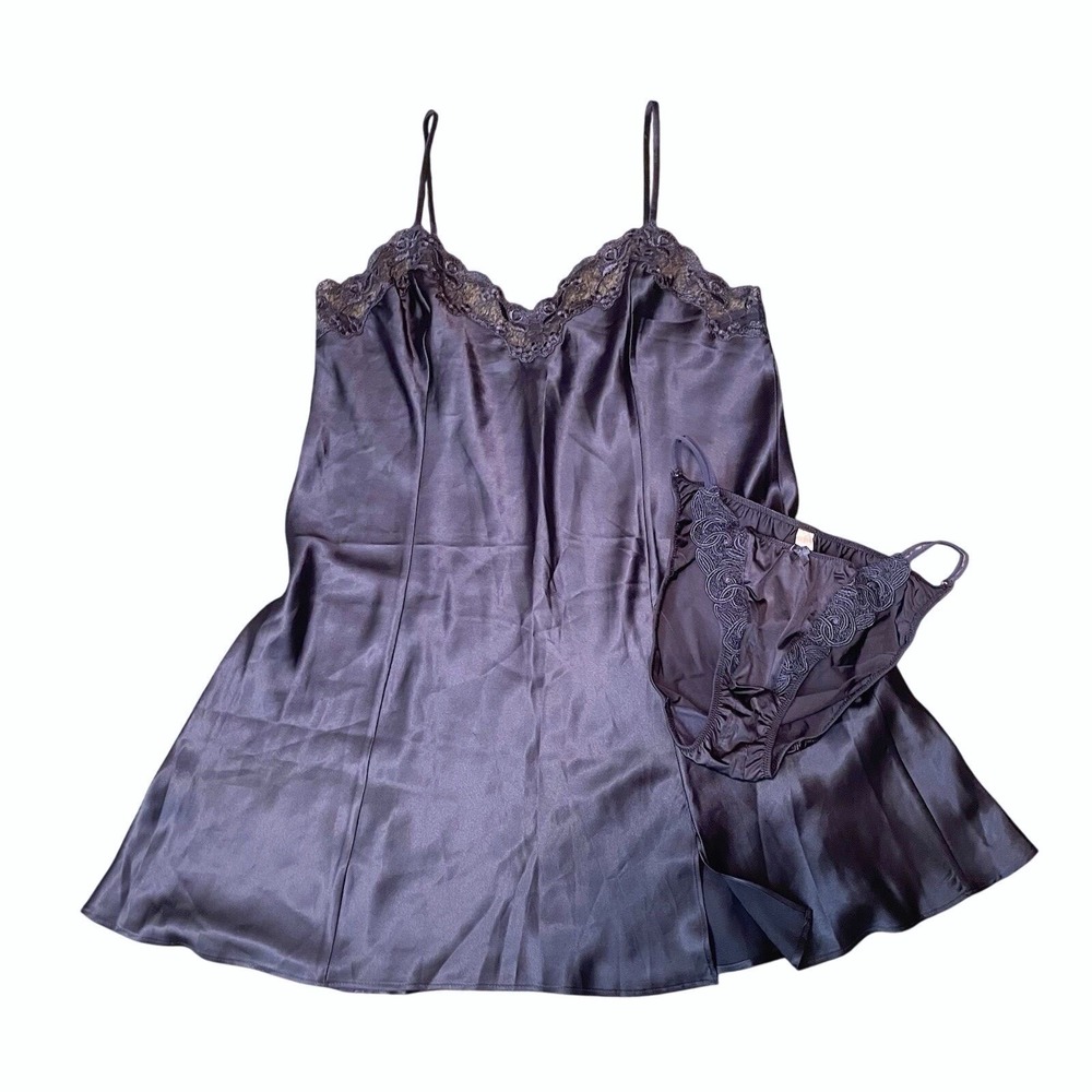 Vtg Victoria's Secret Slip Dress Panties Navy Second Skin L‎ satin Lingerie Set